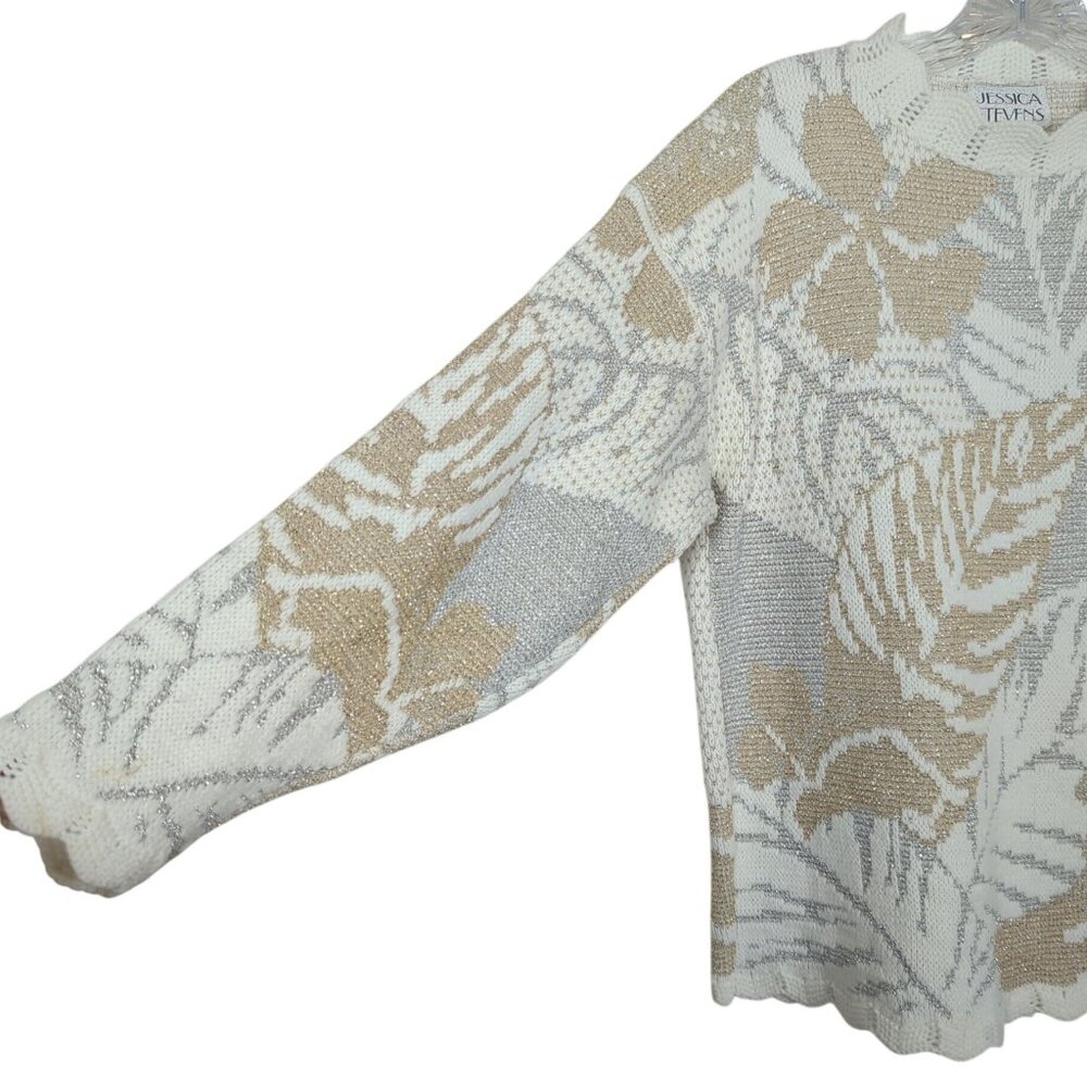Vintage Jessica Stevens Knit Sweater Womens M Beige Ivory Metallic Leaves - Picture 4 of 14